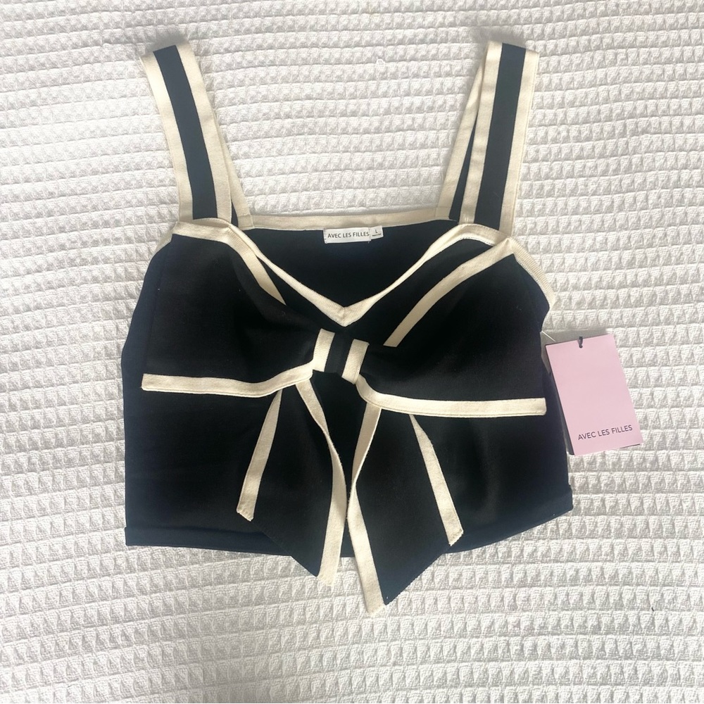 Avec Les Filles Black and Cream Bow Crop Top Large NWT - Picture 2 of 7